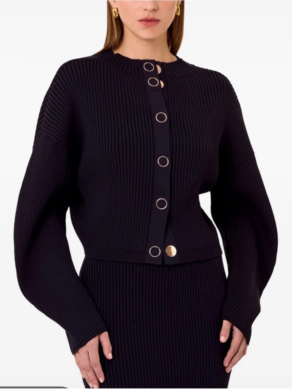 NICHOLAS BlueBlack Ribbed Cropped Cardigan with Gold-Tone Buttons